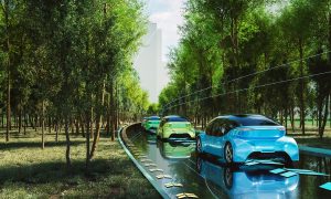 Clean futuristic electric cars road traffic. 3D generated image. Custom car design, not based on any real or concept model/brand.